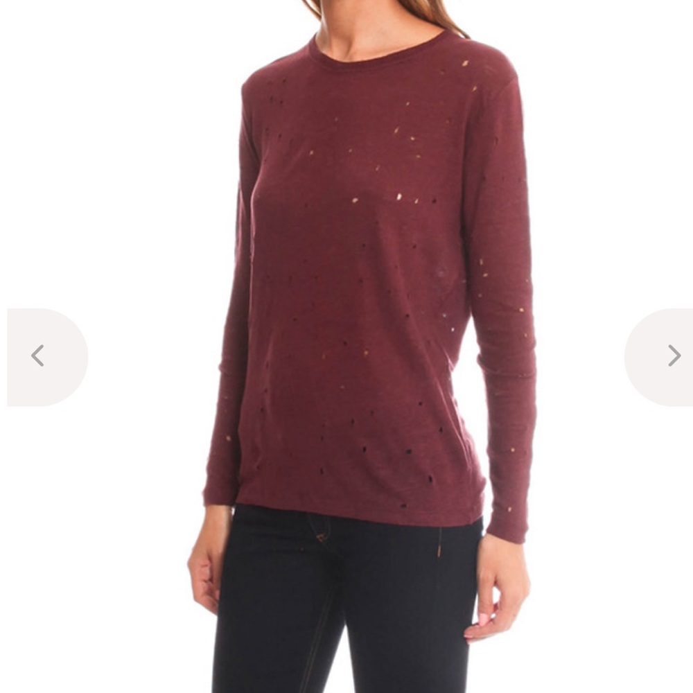 IRO MARVINA LONG SLEEVE TEE BURGUNDY DISTRESSED LINEN TOP Small